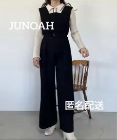 JUNOAH Vネックハイウエストベルト付きサロペット