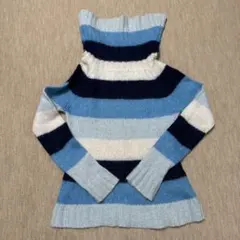 FIRST WOMAN タートルネックニット 青系ストライプ