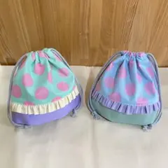 巾着袋　2個セット　ハンドメイド　コップ入れ　給食袋　水玉　フリル