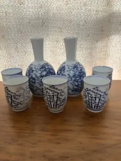 青い竹模様の陶器酒器セット 7点