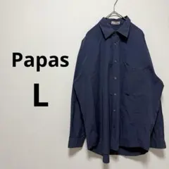 パパスPapas 長袖 シャツ ネイビー 紺色 胸ポケット 綿100 メンズ Lのサムネイル