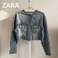 【ZARA】ノーカラー ショート丈デニムジャケット M クロップド フリンジ