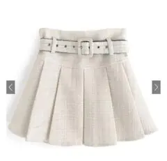 インパン裏地ベルト付きツイードミニプリーツスカート［at2145］