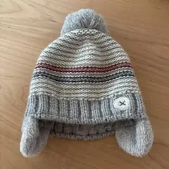 ベビー ニット帽 グレー ストライプ ポンポン付き