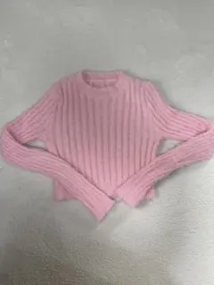 ピンク リブ編み 長袖 クロップドニット