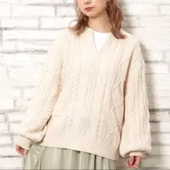 INGNIイング/スキッパーケーブルニット長袖セーター Vネック M