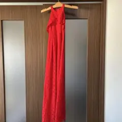 レース オフショルダー ロングドレス レッド