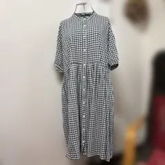 サマンサモスモス 青×白チェックノーカラーワンピース