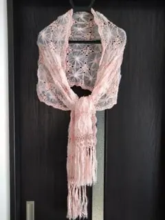 COMME CA ISM ピンク 花模様 レースストール フリンジ付き