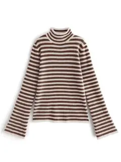 グレイル　ボーダー柄フレアスリーブリブニットトップス[k9086b]ブラウン
