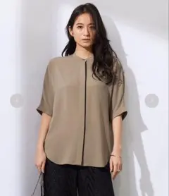 BEIGE, 配色カラーパフスリーブブラウス 黒 ベージュ 大きいサイズ6 