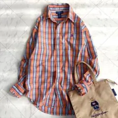 【ラルフローレン】チェックシャツ　ポニー刺繍　コットン　春　オレンジ　M　Y2K