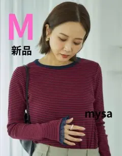 【新品】しまむら田中里奈mysaテレコボーダーシアーTシャツMレッド×ネイビー