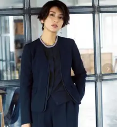 グリーンレーベルリラクシング◆洗える ノーカラージャケット 40 ネイビー