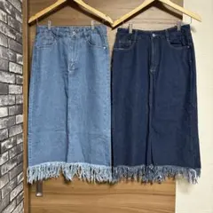 デニムタイトスカート フリンジ付き 2点セット