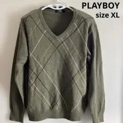 [最安値]PLAYBOY オリーブグリーン 毛混VネックセーターLL緑