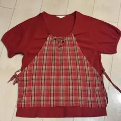 pink house 赤　チェック柄　切り替え　半袖　トップス Tシャツのサムネイル
