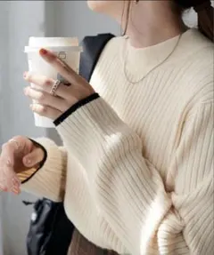 美品☆ディスコート☆モチモチリブパイピングハイネック☆アイボリー