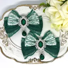 リボン♡ヘアクリップ♡量産型♡地雷系♡サテン白×緑1-5