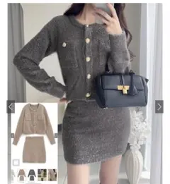 ラメフェザーニットカーディガン×ミニスカートセットアップ[kz617]