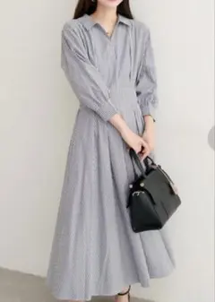 ナチュラルクチュール ストライプワンピ 七分袖 ウエストゴム 体型カバー 上品