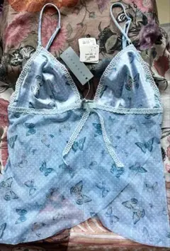 【新品インポート】淡ブルー蝶の舞う キャミソール M
