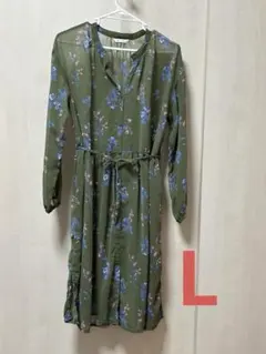 花柄長袖ワンピース オリーブグリーン　L
