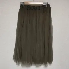 【earth】 カーキ プリーツスカート 膝丈 フリーサイズ ウエストゴム