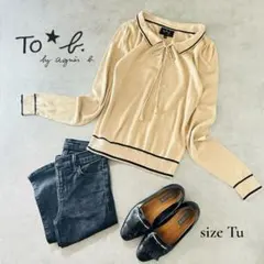 To b. by agnès b. 衿リボン ニット ベージュ TU S〜M相当