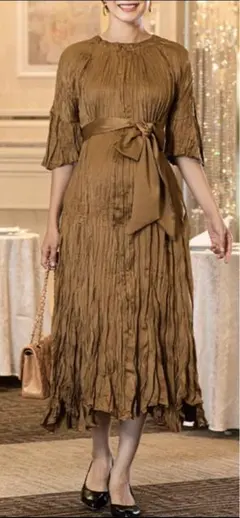 【美品】ランダムプリーツ 5分袖ワンピース 授乳服マタニティウェア