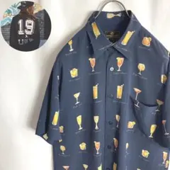 古着 カクテル 総柄 半袖ポリシャツ 英字デザイン ネイビー紺色 M かわいい