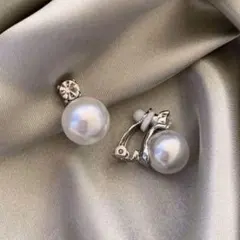 一粒パール CZダイヤ イヤリング　シルバー　クリップ