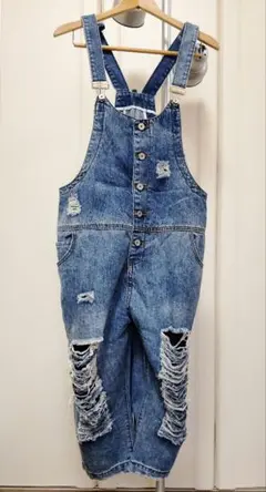 【ダメージ加工がおしゃれ！】ゆったりシルエット デニムオーバーオール