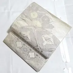A 扇面吉祥文様 銀糸 向鶴 菊 花菱 六通 正絹 フォーマルな袋帯