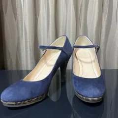 アカクラ　パンプス ストラップ ヒール ネイビー スウェード
