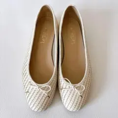 美品 ルタロン メッシュ フラット シューズ 編み込み パンプス 24 リボン