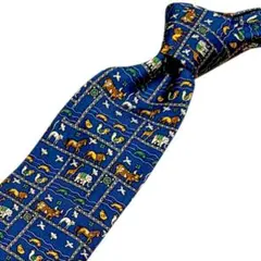 【美品】フェラガモ 良柄アニマル ネクタイ 紺系 シルク100%