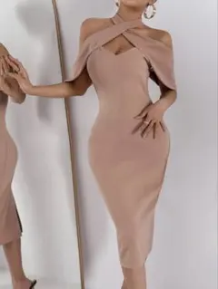 ベージュ オフショルダー タイトドレス