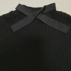 バックリボン ブラック長袖リブハイネックニット