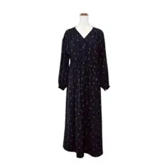 SIMPLICITE 花柄 ドットVネックロングワンピース ネイビー 長袖