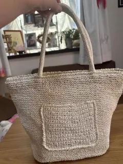 かごバッグ風 トートバッグ アイボリー 編みバッグ　内ポケット付き