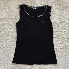 Burberryバーバリー 襟チェックフリル リボン タンクトップ 黒 38 M