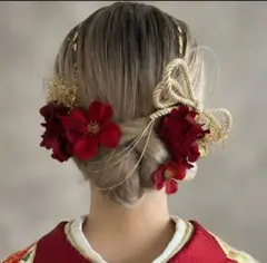卒業式　成人式　髪飾り　振袖着物金箔リボンゴールド水引ヘッドドレス赤ヘアパーツ