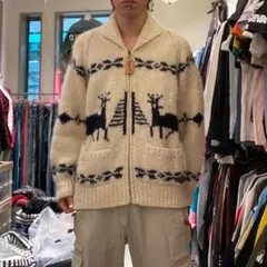 90sFIRST DOWNノルディック柄 カウチンニット ウール アイボリー ノルディック カウチンの通販