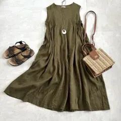 フォグリネンワーク ノースリーブワンピース カーキ 洗える Aライン フレア