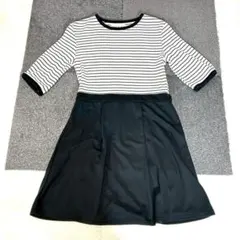 ☆【ナイスクラップ】L 黒×白 ボーダー ワンピース 五分袖 春夏 膝丈