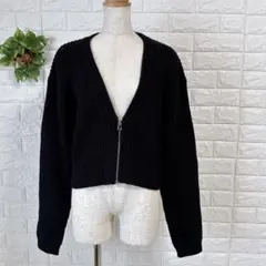 a1116ザラリブニット ジップアップカーディガン Vネック ショート丈Ｓ