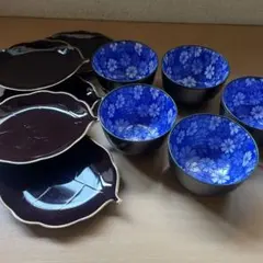 青い花柄の陶器漆塗り茶器セット　未使用品