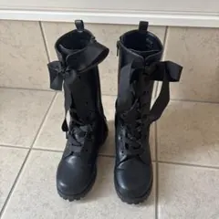 mezzo piano メゾピアノ　黒 編み上げリボン付きブーツ　20cm