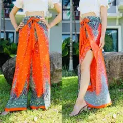 ★【決算特価】新品 ビーチパンツ オレンジ ペイズリー柄 サルエル レーヨン